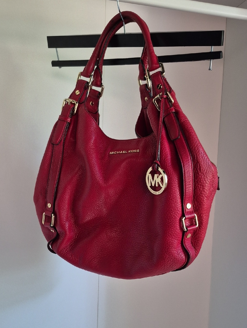 Michael Kors Pebbled Leather Red Shoulder Hobo with Gold Hardware
